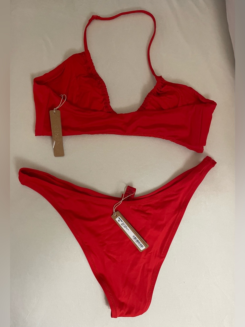 SKIMS 2Pc SET Ruched Halter Triangle Bikini Top& Cheeky Tanga Bottom Ruby Red L - Picture 2 of 6